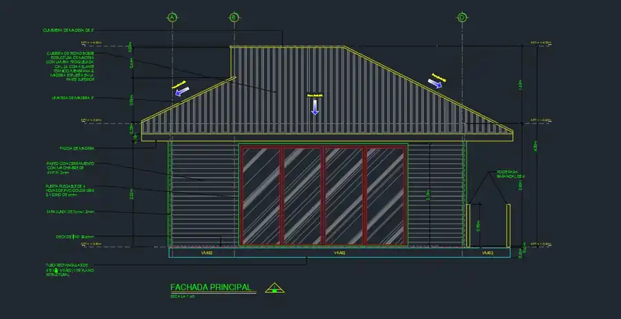 Plano de fachada principal de la cabaña, escala 1:40